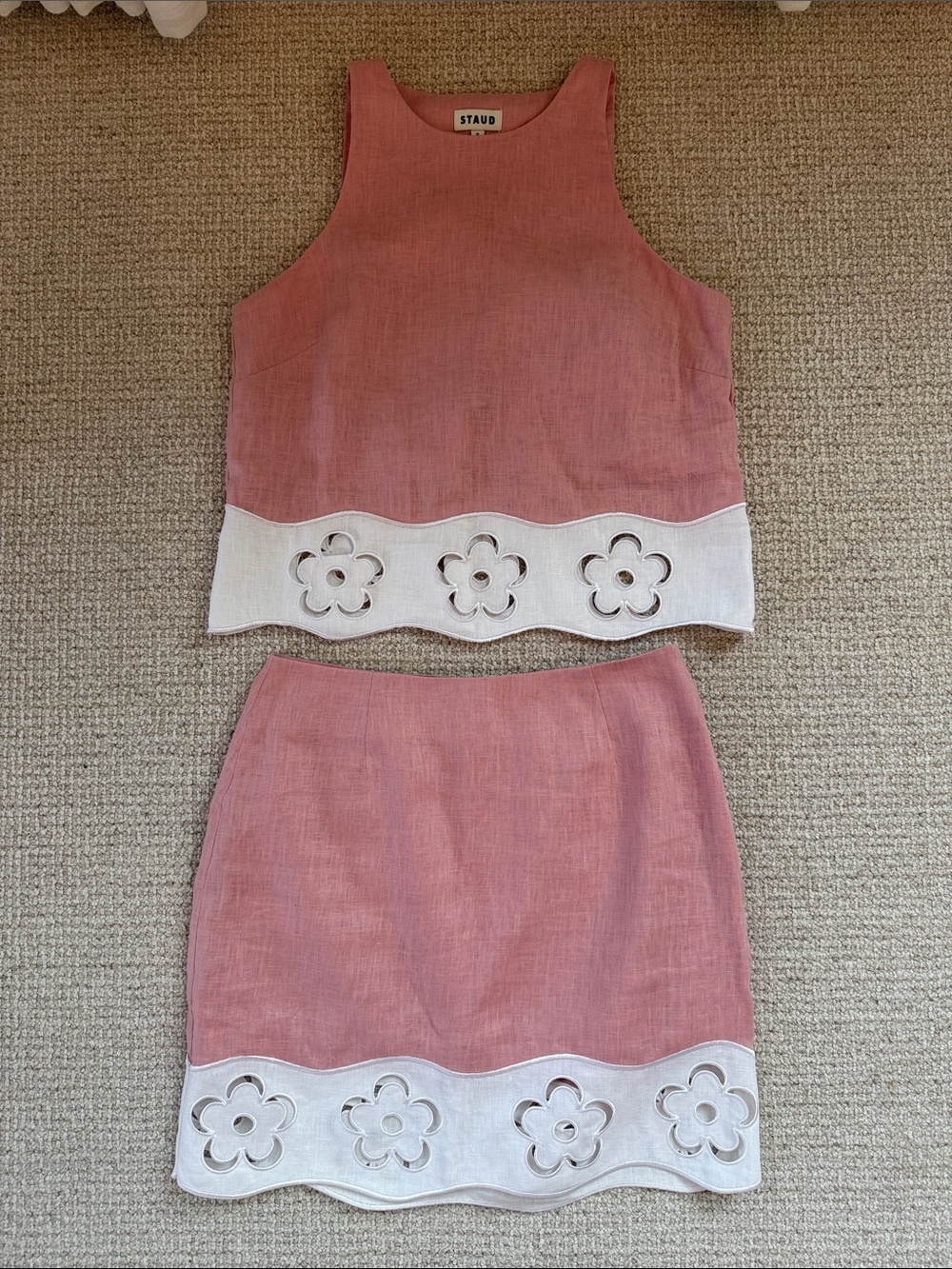 STAUD Pink Two-Piece Linen Top & Skirt with White Floral Cutwork